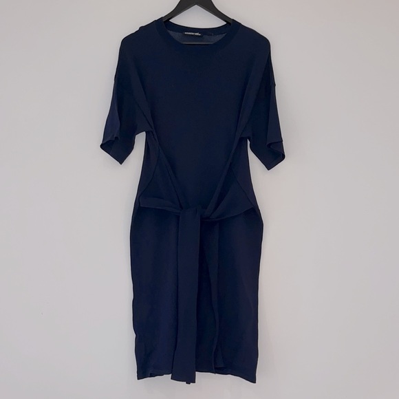 COUNTRY ROAD Navy Blue Stretch Belted Tie Front Summer Knit Casual Midi Dress - Picture 9 of 13